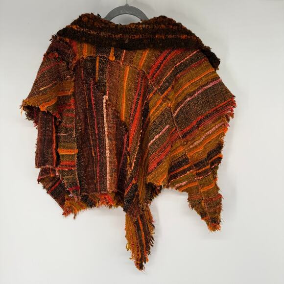 Woven Dream Designs Wool Poncho Shawl Women OS Orange Brown Striped Textured USA - Picture 2 of 6